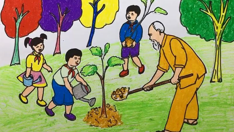 Tác phẩm vẽ tranh bảo vệ môi trường đẹp về chủ đề trồng cây gây rừng
