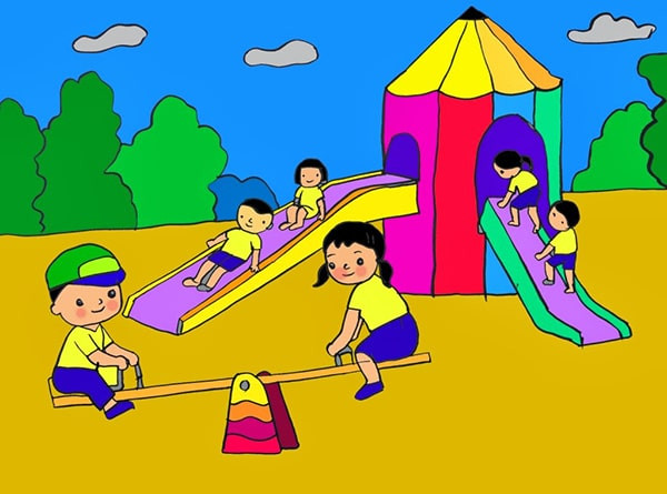 Tranh bé đang chơi cầu trượt ở trường mầm non rực rỡ