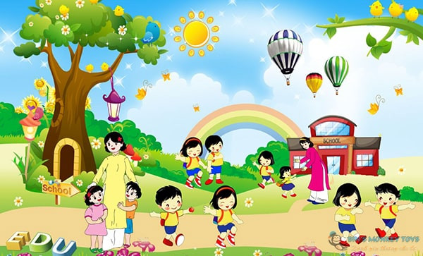 Tranh chủ đề trường mầm non của bé đang học bài
