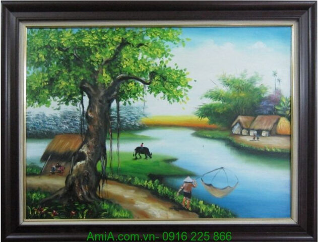 Tranh phong cảnh làng quê Việt Nam đơn giản mô tả khung cảnh thanh bình của làng quê