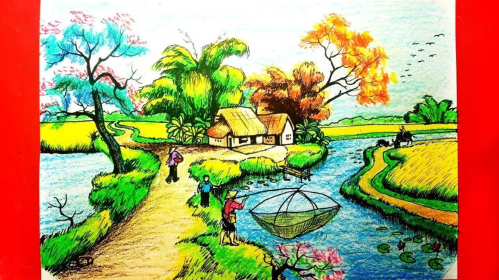Tranh phong cảnh quê hương buổi chiều tà rực rỡ sắc màu