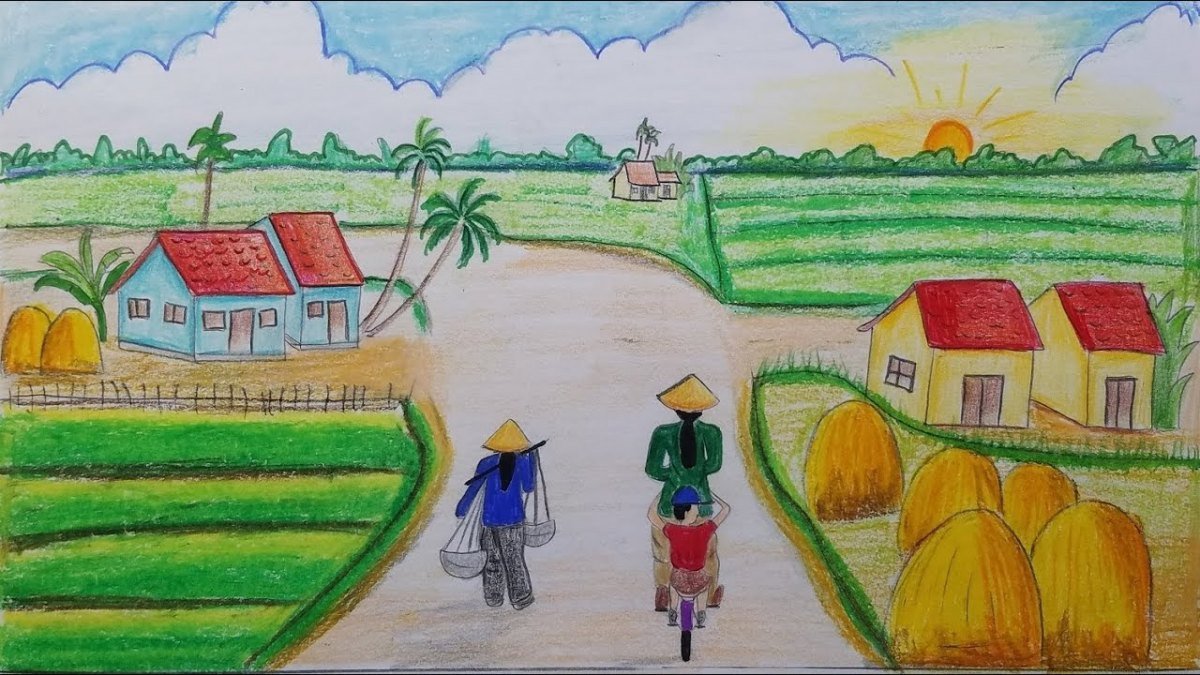 Tranh phong cảnh quê hương: Cảnh ngôi nhà bên con đường và hàng cây