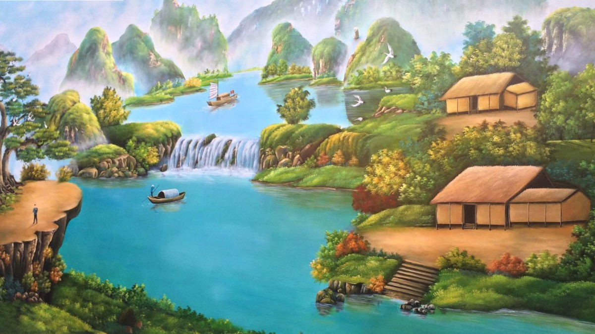 Tranh phong cảnh quê hương: Cây đa, giếng nước, sân đình