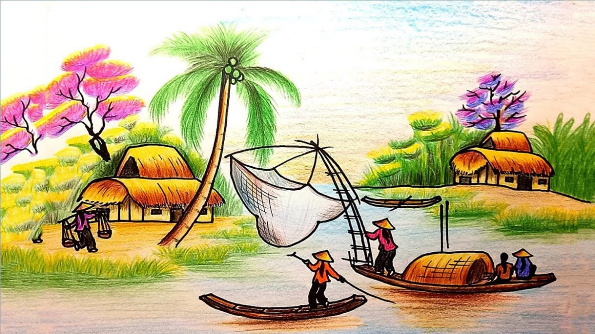 Tranh phong cảnh quê hương: Cây đa và mái đình làng quen thuộc