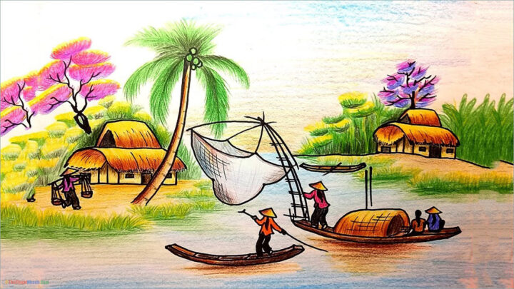 Tranh phong cảnh quê hương đơn giản, kết nối với thiên nhiên