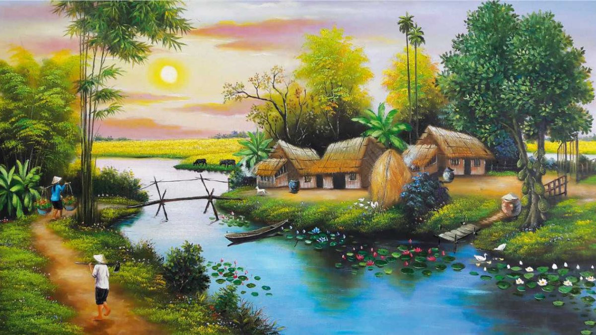 Tranh phong cảnh quê hương: Ngôi nhà truyền thống giữa cảnh làng quê