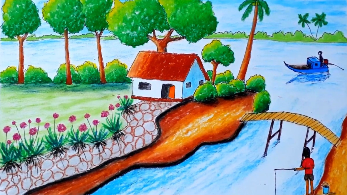 Tranh phong cảnh quê hương: Vẻ đẹp bình yên của cánh đồng lúa chín