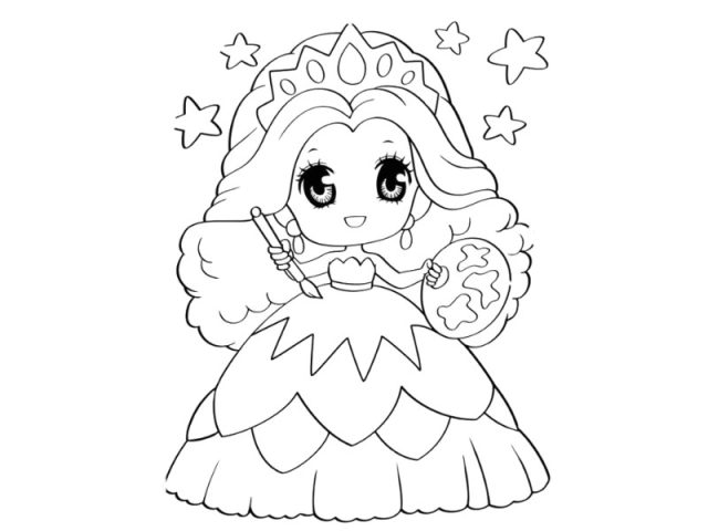 Tranh tô màu anime chibi dễ thương: Cô bé công chúa đang tô màu