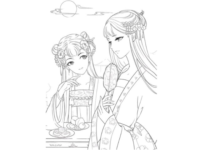 Tranh tô màu anime chibi dễ thương: Công chúa cổ trang nền nã