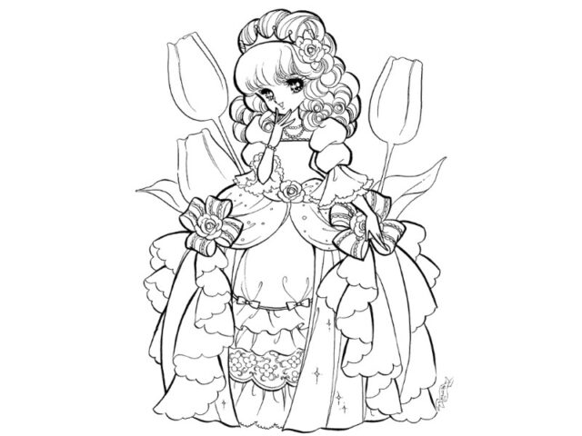 Tranh tô màu anime chibi dễ thương: Công chúa thanh lịch bên hoa