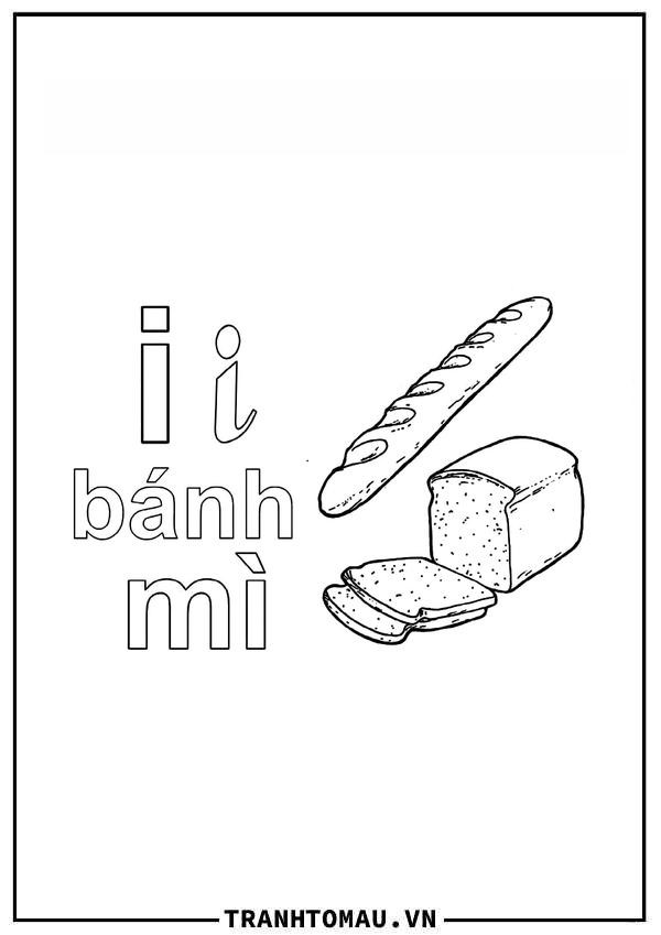 Tranh tô màu chữ I tiếng Việt hình ổ bánh mì thơm ngon cho bé