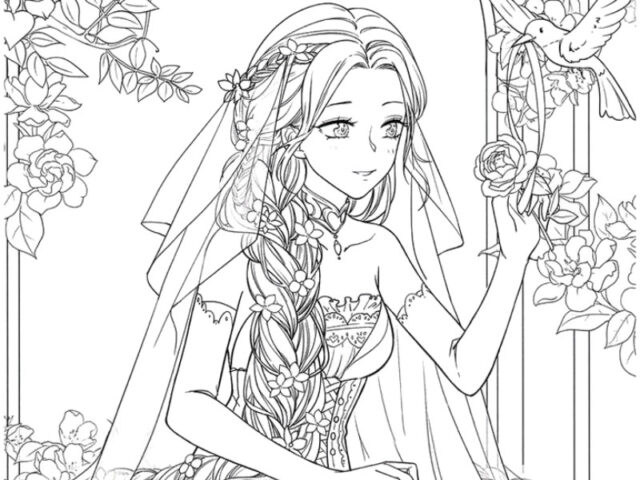 Tranh tô màu công chúa anime chibi dễ thương: Công chúa ngồi trong lâu đài
