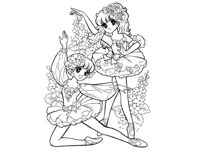 Tranh tô màu công chúa anime chibi dễ thương: Hai nàng công chúa khiêu vũ
