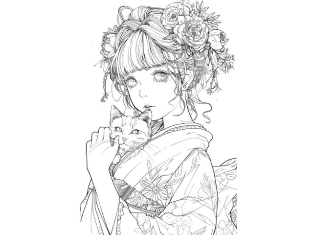 Tranh tô màu công chúa anime chibi dễ thương: Trang phục truyền thống