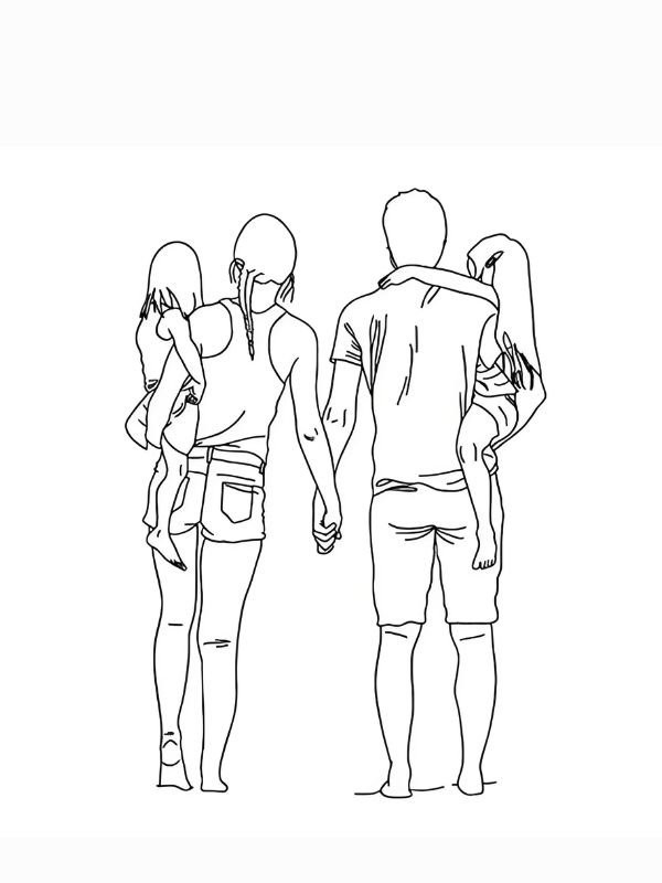 Tranh tô màu gia đình 4 người đang cùng nhau đi bộ trong công viên