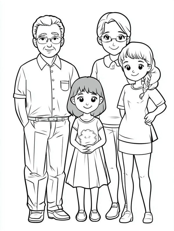Tranh tô màu gia đình 4 người đang cùng nhau đi chơi công viên nước