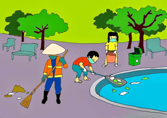 Tranh vẽ bảo vệ môi trường đẹp mô tả việc dọn dẹp rác thải trên sông