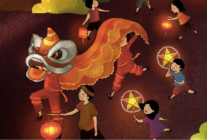 Tranh vẽ đề tài trung thu bằng màu nước với đèn lồng và trẻ em vui chơi