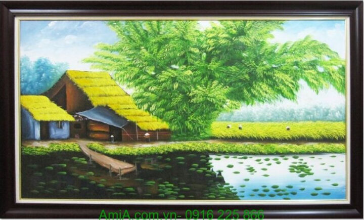 Tranh vẽ làng quê Việt Nam đơn giản tái hiện vẻ đẹp mùa lúa chín vàng rực rỡ