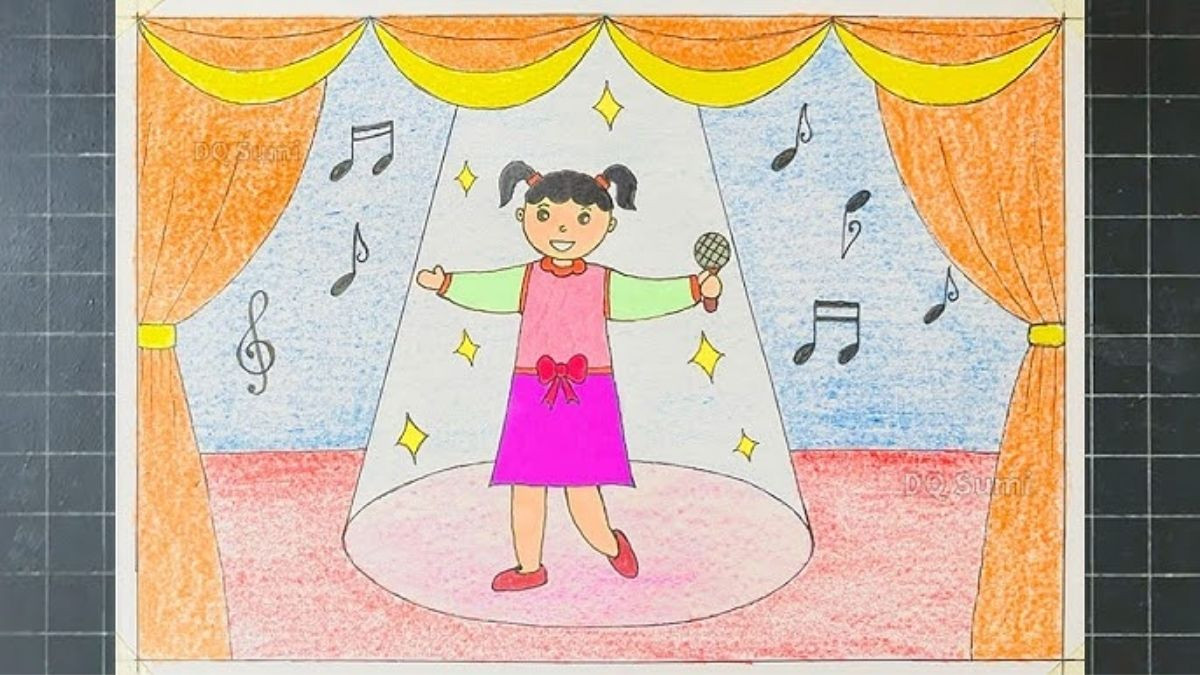 Tranh vẽ một bé gái với ước mơ làm ca sĩ, đang hát và tận hưởng âm nhạc