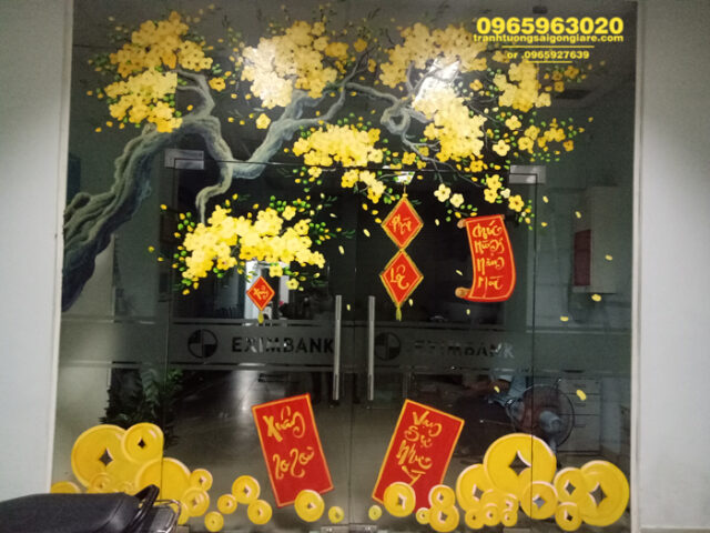 Tranh vẽ trang trí cửa kính Tết độc đáo