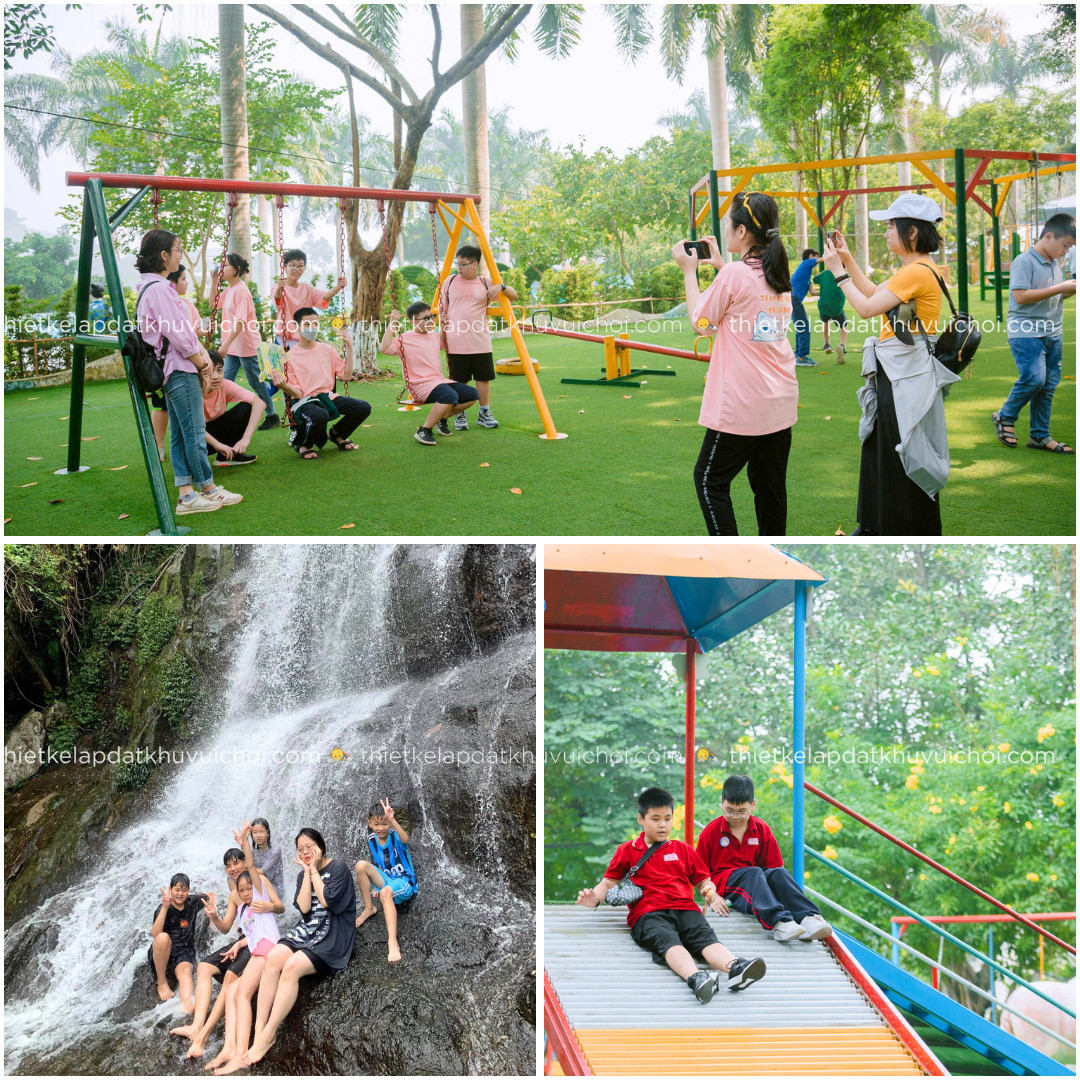 Trẻ em vui chơi dưới suối tại khu du lịch sinh thái Ao Vua, không gian dã ngoại mát lành