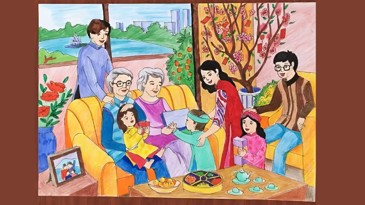 Vẽ tranh gia đình trong dịp Tết Nguyên Đán, đậm đà bản sắc văn hóa Việt