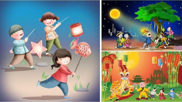 Vẽ tranh lễ hội rước đèn trung thu với trẻ em và lồng đèn ông sao