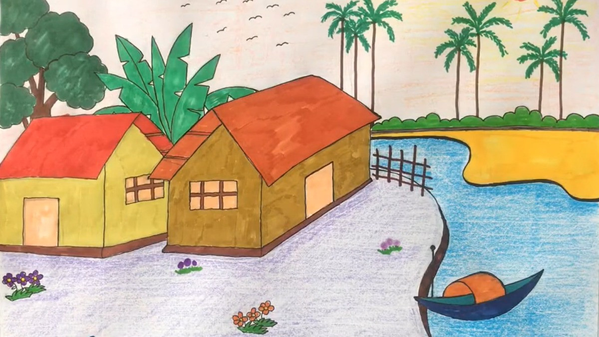 Vẽ tranh phong cảnh quê hương: Ngôi nhà nông thôn yên bình với hàng cây