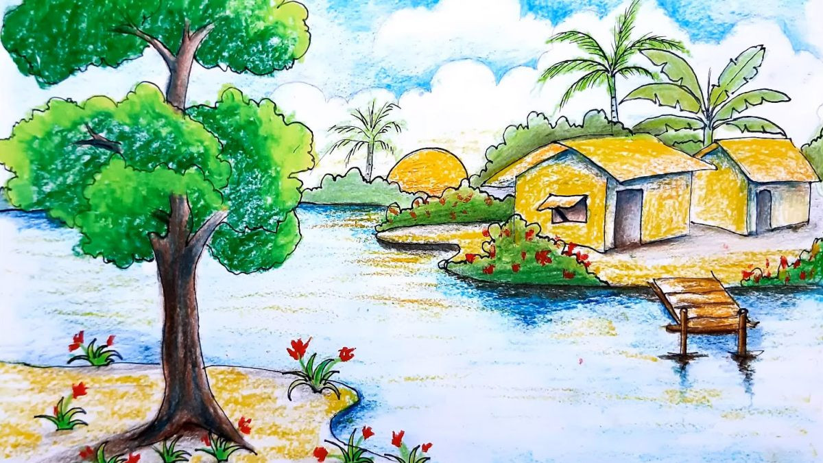 Vẽ tranh phong cảnh quê hương: Ngôi nhà và dòng sông đối diện