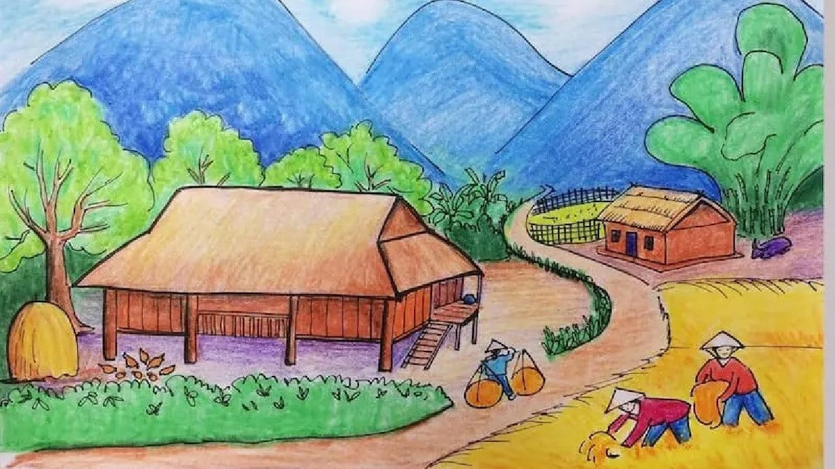 Vẽ tranh phong cảnh quê hương: Vẻ đẹp yên bình của ngôi nhà cạnh dòng sông