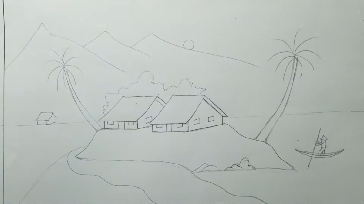 Phong cảnh quê hương tranh vẽ phác thảo núi, mặt trời, ngôi nhà dưới núi và đường mòn