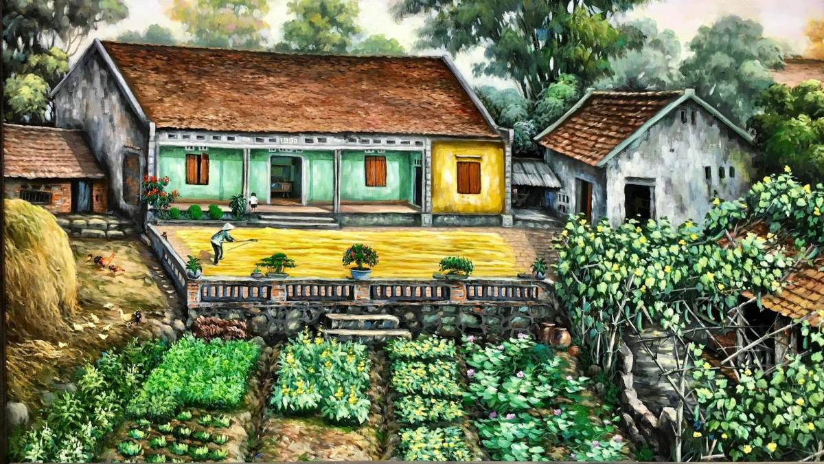 Tải phong cảnh quê hương tranh vẽ: Ngôi nhà tranh bên bờ sông với vườn cây trái