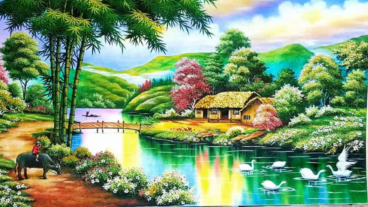 Ảnh phong cảnh quê hương tranh vẽ 4K: Cảnh hoàng hôn lãng mạn trên cánh đồng