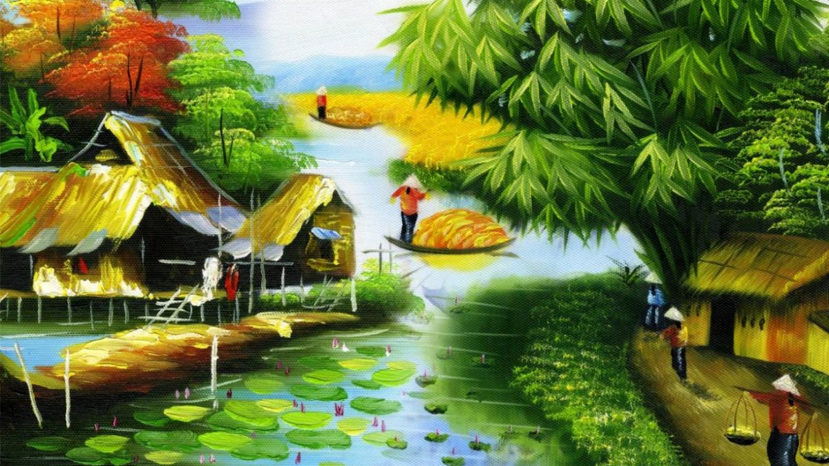 Những hình ảnh phong cảnh quê hương tranh vẽ đẹp: Cảnh bình minh trên cánh đồng lúa