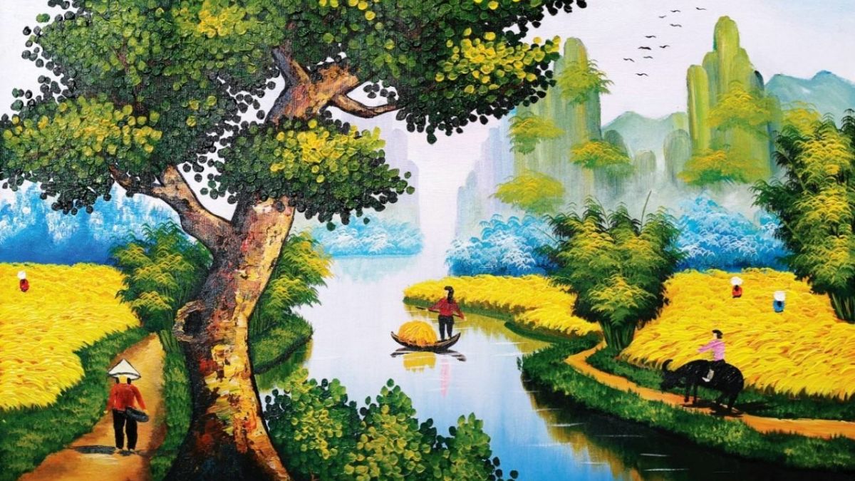 Phong cảnh quê hương tranh vẽ đẹp: Ngôi nhà cổ kính bên hồ nước trong xanh