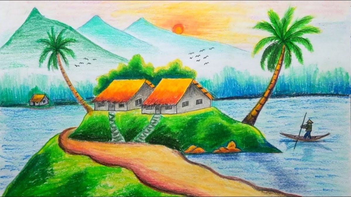 Phong cảnh quê hương tranh vẽ sau khi tô màu với kỹ thuật đánh bóng và phân chia mảng xa gần