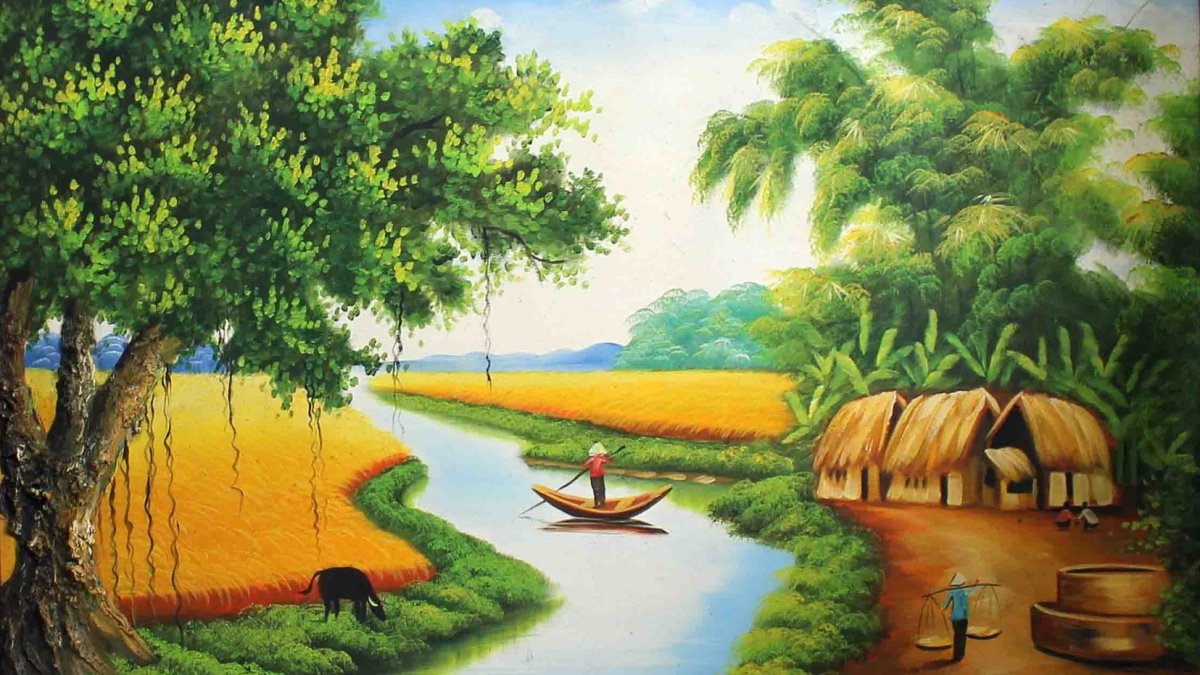 Phong cảnh quê hương tranh vẽ thanh bình: Ngôi nhà nhỏ cạnh dòng suối êm đềm