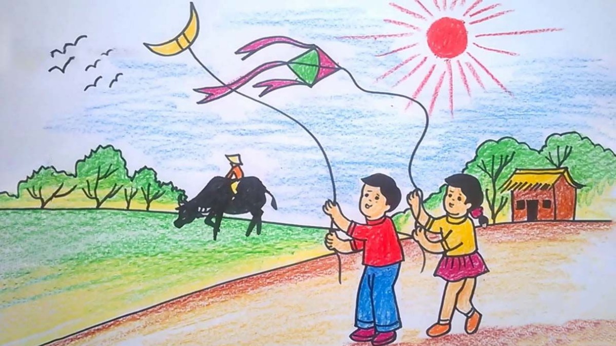 Ảnh phong cảnh quê hương tranh vẽ thân thiện: Cảnh nhà mái ngói và cánh đồng lúa