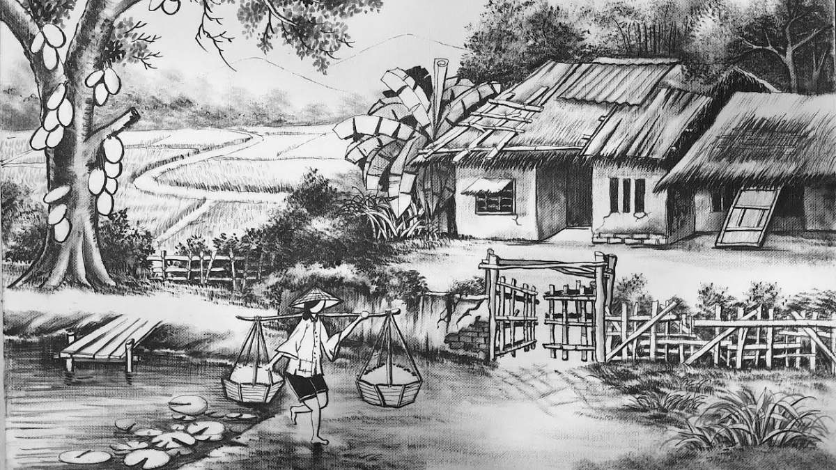 Phong cảnh quê hương tranh vẽ: Ngôi nhà nhỏ bên cạnh dòng sông êm đềm