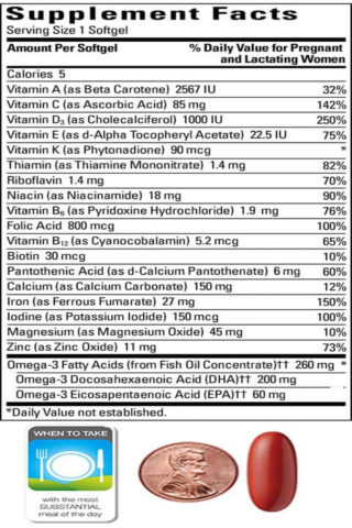 Viên nang mềm của vitamin tổng hợp cho bà bầu Nature Made Prenatal Multi + DHA, thể hiện sự kết hợp dinh dưỡng đa dạng.