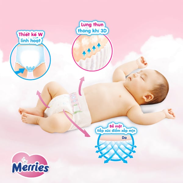 chất liệu bỉm Merries thật mềm mại, thông thoáng, giúp bé thoải mái