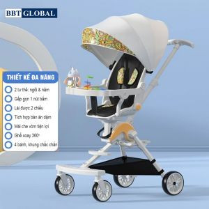 Xe đẩy cho bé tập đi màu trắng gấp gọn, xoay 360 độ tiện lợi