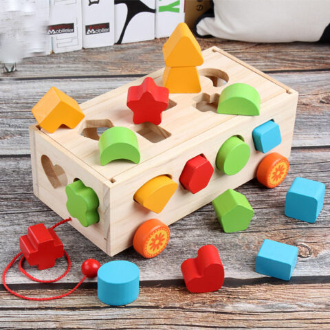 Xe kéo thả hình khối và số đếm bằng gỗ, đồ chơi giáo dục cho bé gái 2 tuổi