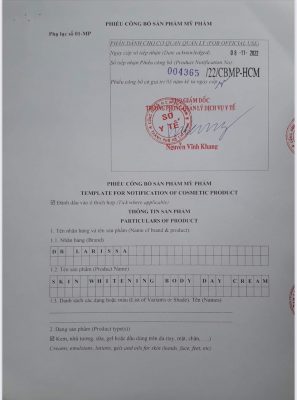 Giấy chứng nhận sản phẩm dưỡng da Dr Larissa
