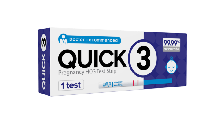 Hình ảnh hộp que thử thai Quick 3, minh họa tình huống que thử lên 2 vạch mờ cần được giải mã