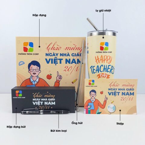 Ly giữ nhiệt và bút quà tặng in logo tặng thầy giáo, món quà tri ân đặc biệt ngày 20/11 gs12