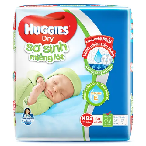 Bỉm - Miếng lót sơ sinh Huggies size NB2 - 60 miếng (Cho trẻ 4 - 7kg)