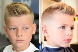 Kiểu tóc Quiff cho bé trai ít tóc, phần tóc đỉnh được vuốt dựng tạo độ phồng