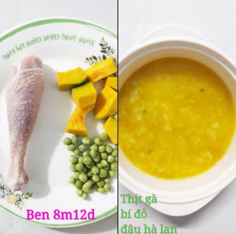 Thực đơn ăn dặm cho bé: Cháo thịt gà bí đỏ đậu Hà Lan